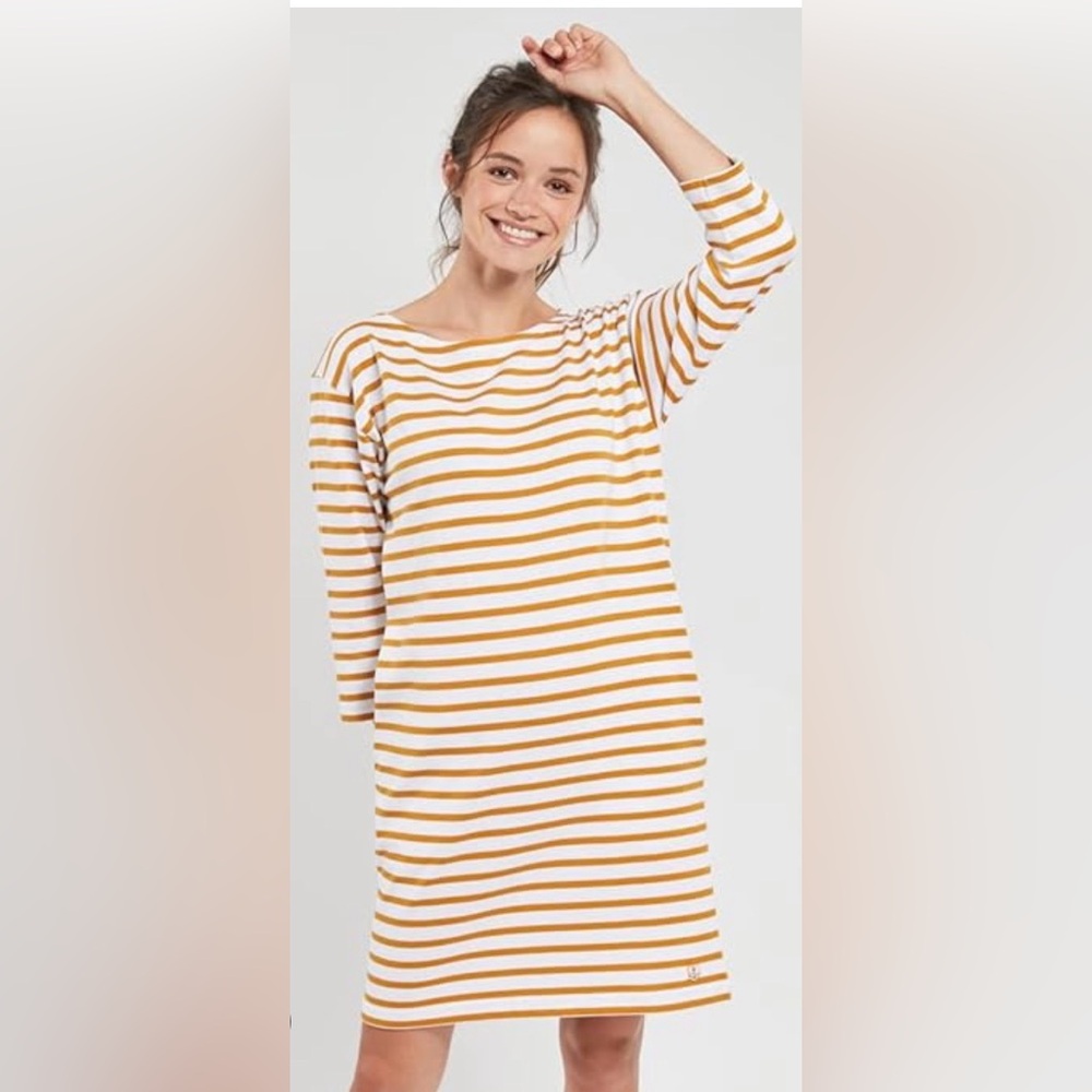Armor Lux White and Mustard Striped Boatneck Dress